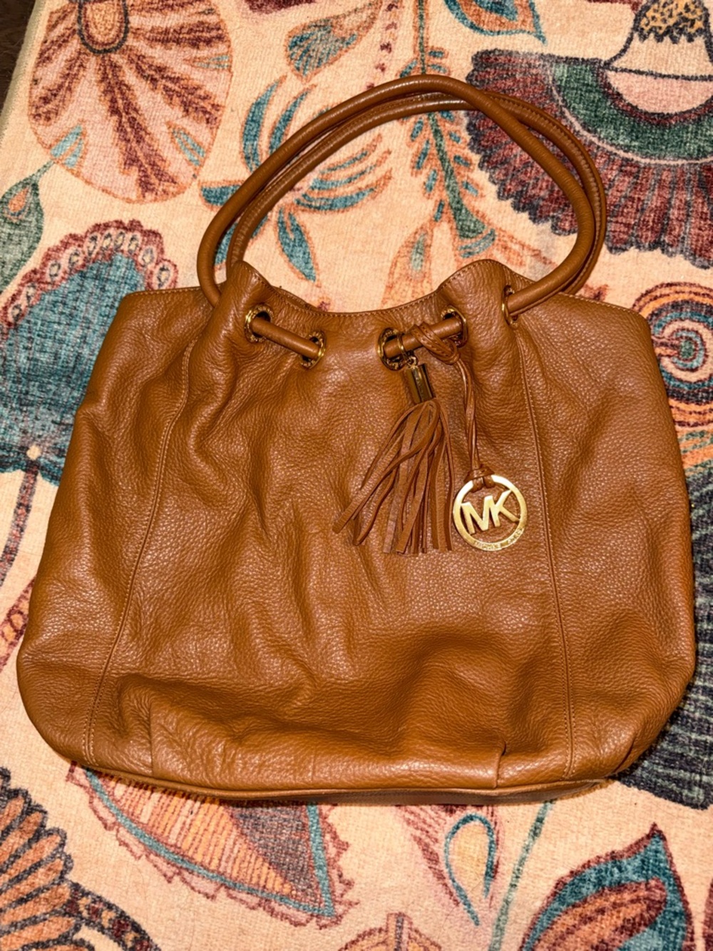 Michael Kors Cognac Pebbled Leather Hobo with Tassel and MK Charm